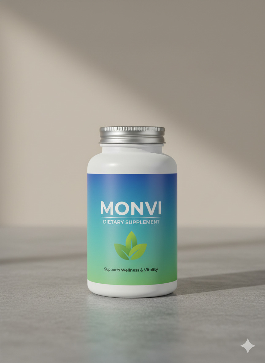 Monvi dietary supplement bottle on a neutral surface